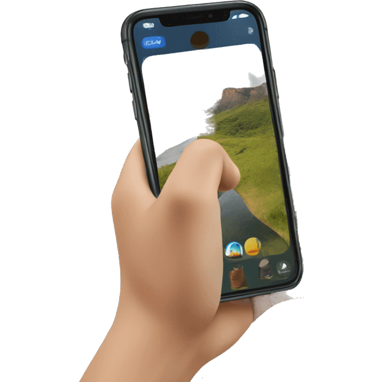 A hand holding a cell phone to take a photo of a landscape emoji