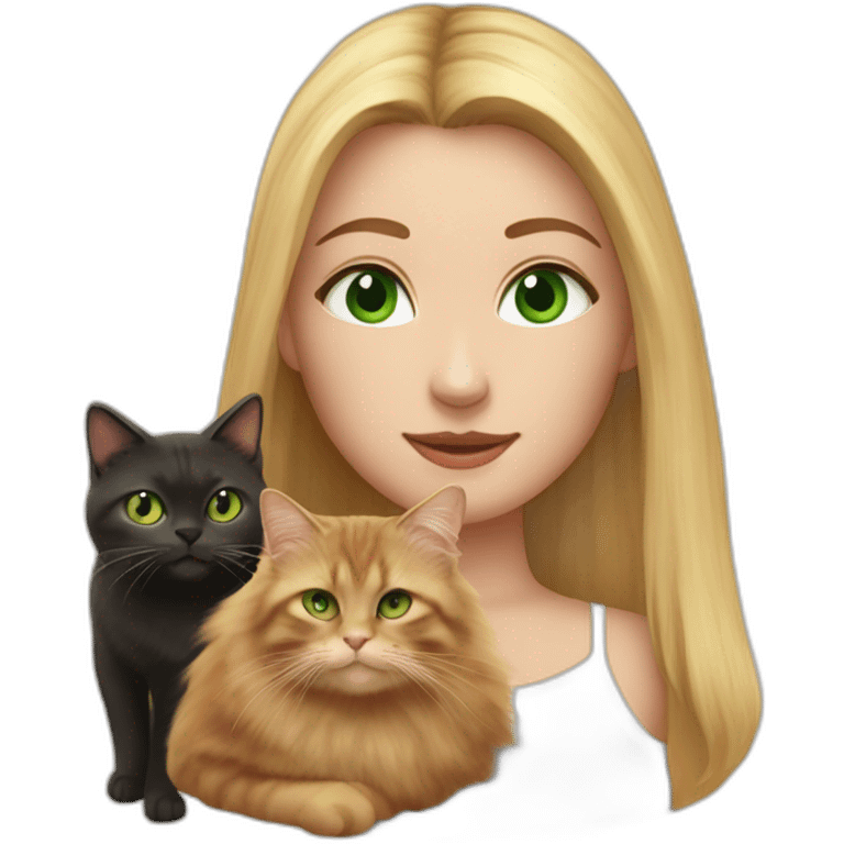 woman with green eyes and long straight blonde hair and big boobs is holding a very fluffy and fat tortoiseshell cat emoji