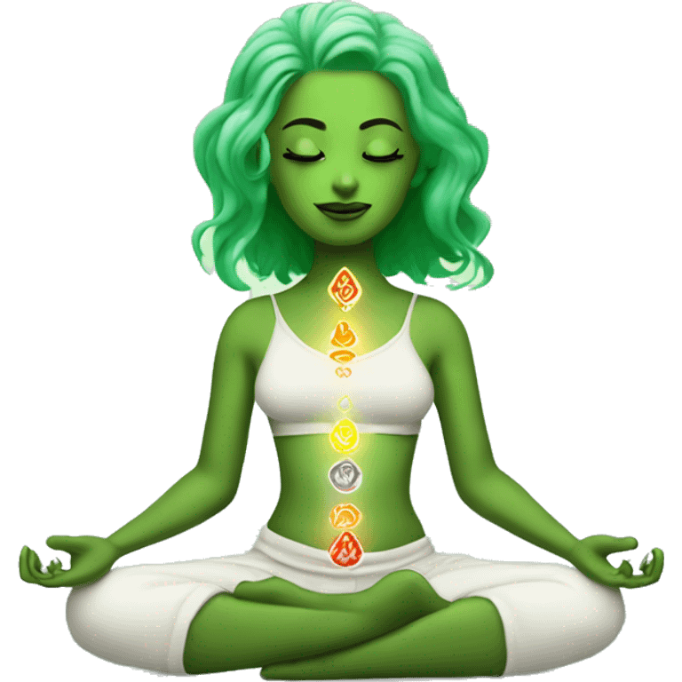 Light lady green hair with 7 chakra symbols meditating mudra emoji