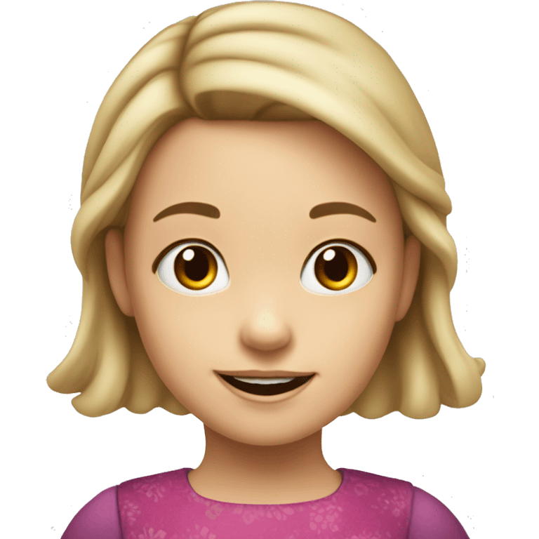 Emoji of a small white girl, 5 years old, with straight dark blonde hair. She has a cheerful expression and is wearing a colorful dress emoji