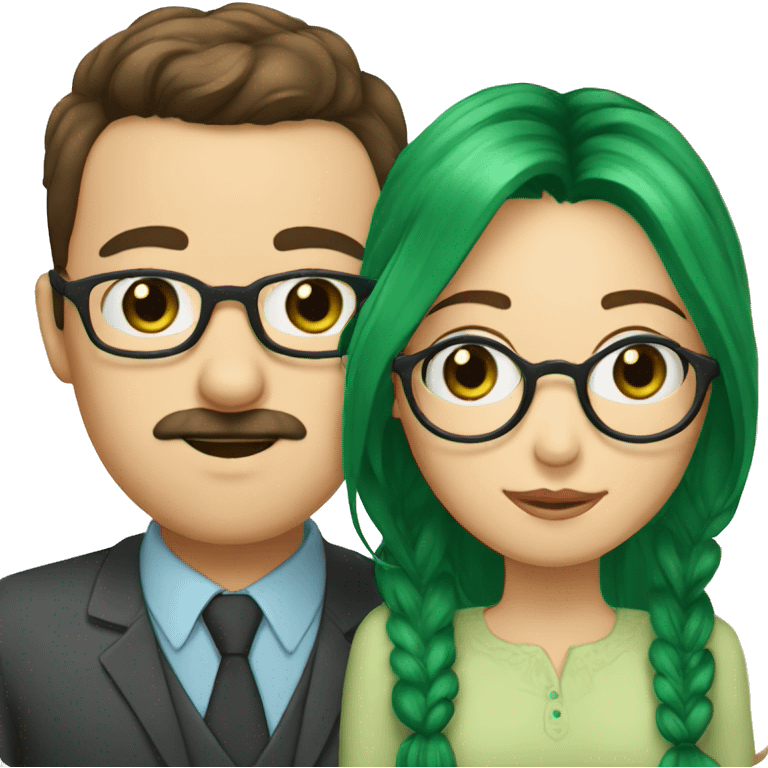 A man with brown hair blue eyes and a mustache is kissing a green haired girl who is thin with green eyes and wearing glasses emoji