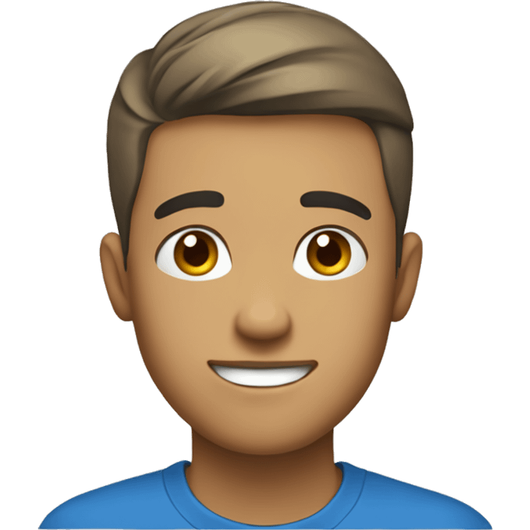 a young adult man, with blue t shirt, smiling brightly, natural beige skin, straight short hair, thinking about money emoji