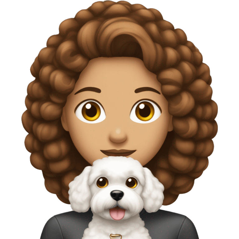 mujer con peinado largo marron con perro bichon blanco emoji