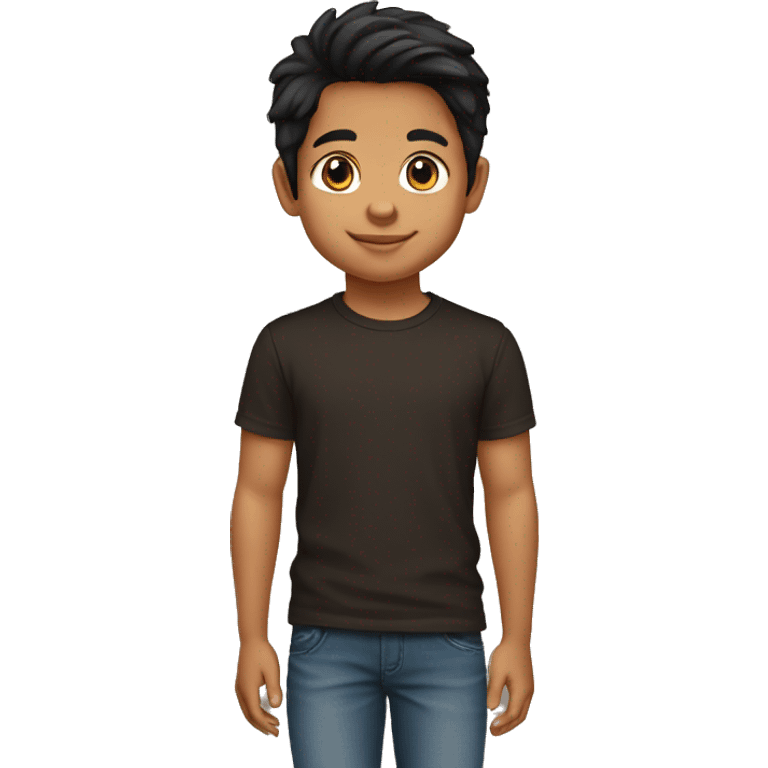 5 year old tongan Boy tan skin black/brown hair brown eyes black t-shirt emoji