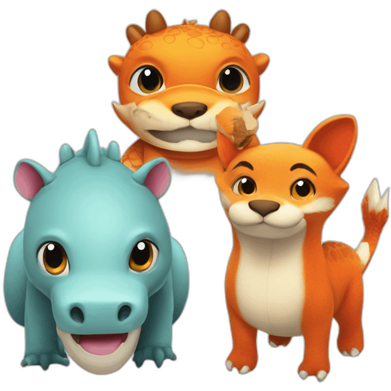 three dolls in a picture, white peluche dragon,hippopotamus, fox emoji