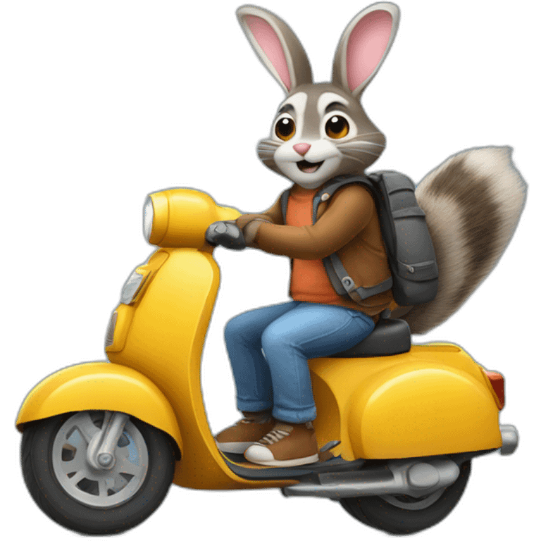 bunny giving a ride to raccoon on scooter emoji