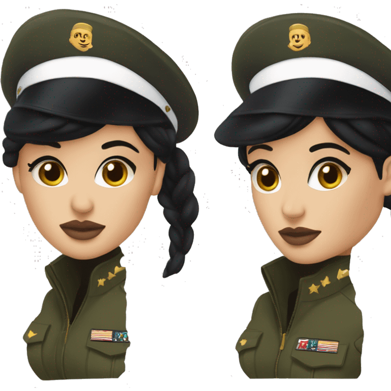 Kylie Jenner in black army uniform with zipper badges, bust illustration format emoji