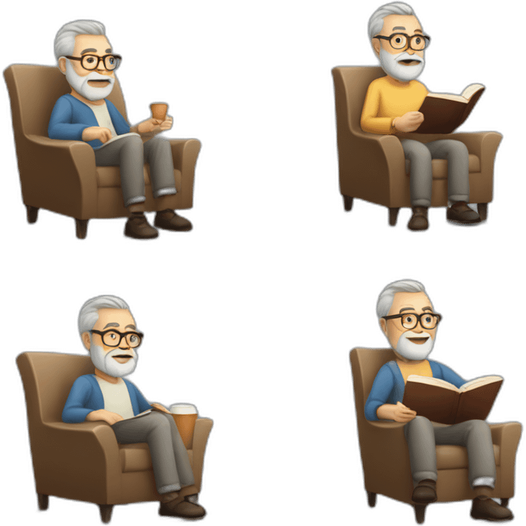 Gray Bearded 50 years  man, glasses, perspective armchair, Reading a book, drinking a coffee emoji