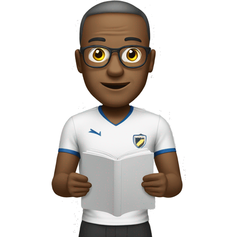 white soccer coach with eyeglasses holding a chart emoji