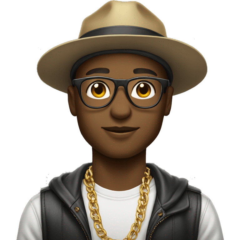 light skinned guy with glasses and hat on backwards with gold chain emoji