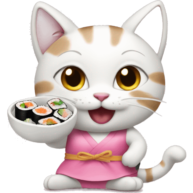 happy little cat in a pink dress eating sushi emoji