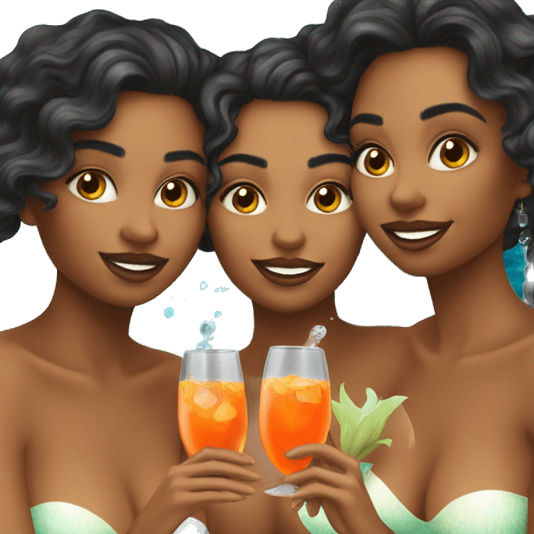 Three beautiful mermaids (light skin) drinking aperol emoji