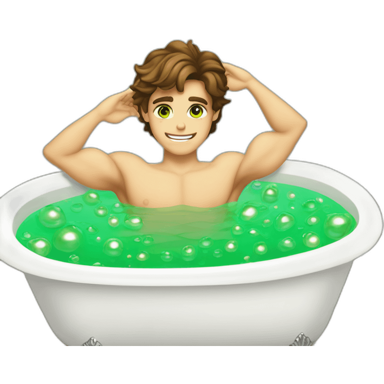 Posh-muscle-boy-brown-hair-green-eyes-pearl-necklace-in-golden-bathtub emoji