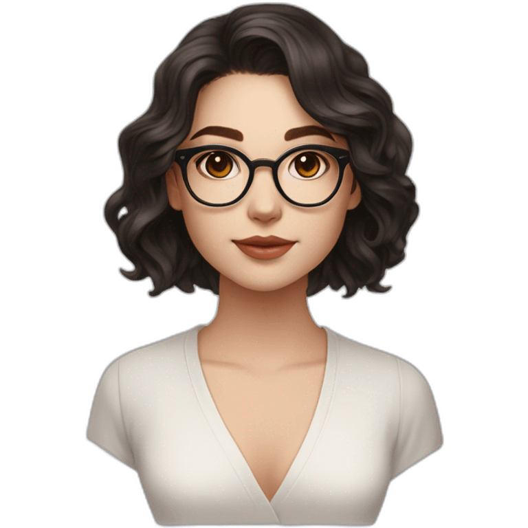 Beautiful white skin teenage girl very long wavy dark flax colored hair amber eyes rose gold round glasses white shirt black robe emoji