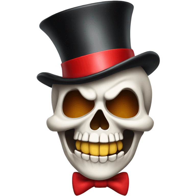 A skull laughing with a tear and a red top hat with bows on it emoji