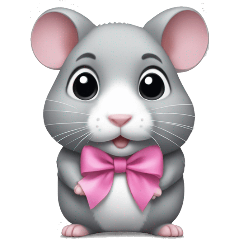 A full-body grey hamster, with 4 paws and with a small pink bow on the head emoji