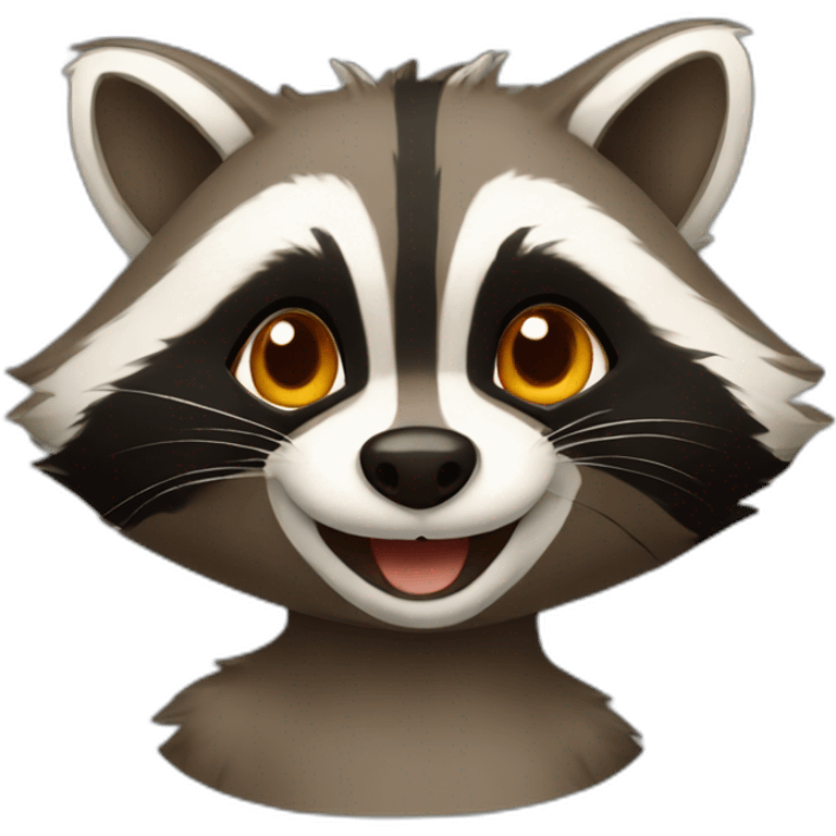 a small brown raccoon with orange eyes and a dark green hood that is laughing emoji