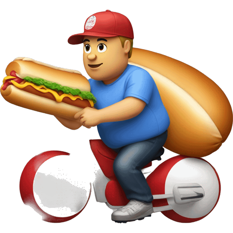 Fat man riding a hot dog wearing a baseball cap emoji