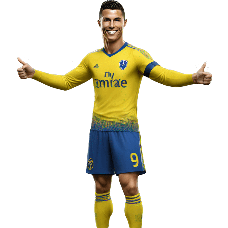 photorealistic Cristiano Ronaldo in Al Nassr jersey shows thumbs up emoji