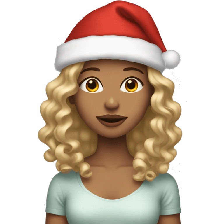 girl with dirty blonde wavy hair wearing a christmas hat emoji