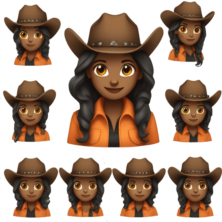 cowgirl straight dark tan skin brown hair, orange burnt coat, black hat emoji