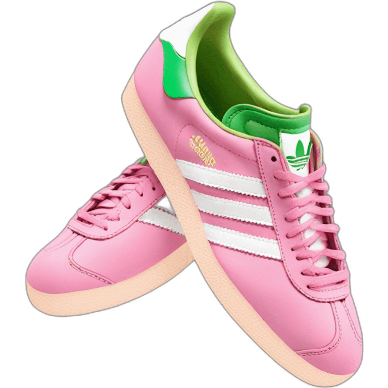 A pair of adidas gazelle shoes in pink and green emoji