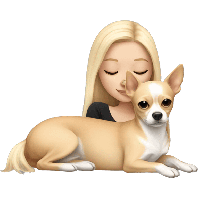 White Girl with long blonde hair laying down napping with a tan chihuahua  emoji