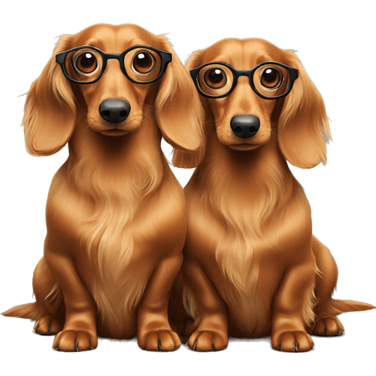 Two long haired Dachshunds together wearing glasses emoji