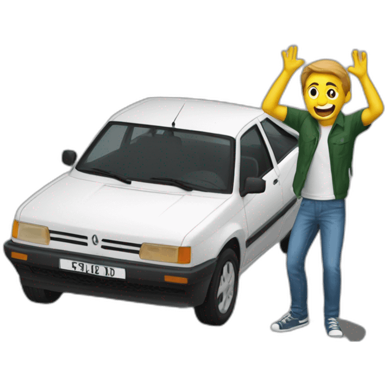 a guy throwing up in front of a renault 205 emoji