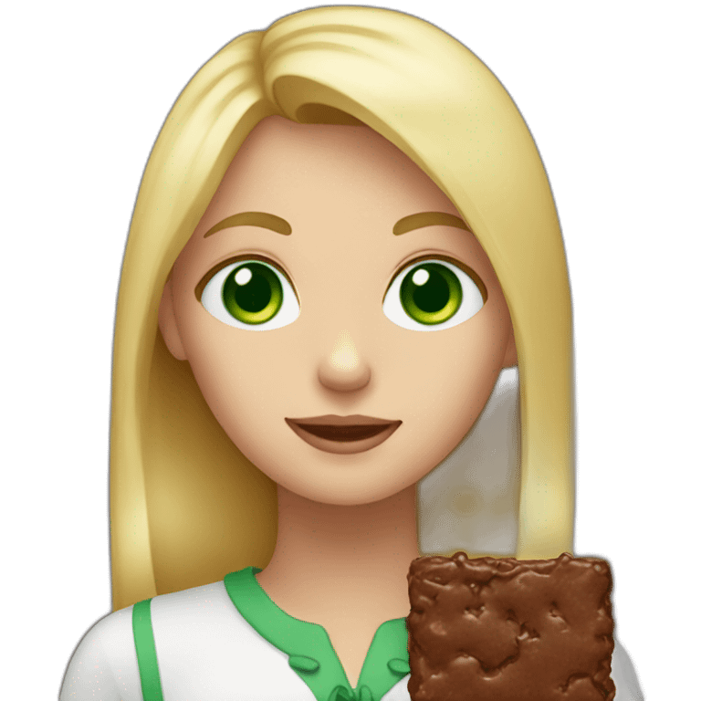 Blonde girl, green eyes holding a brownie emoji