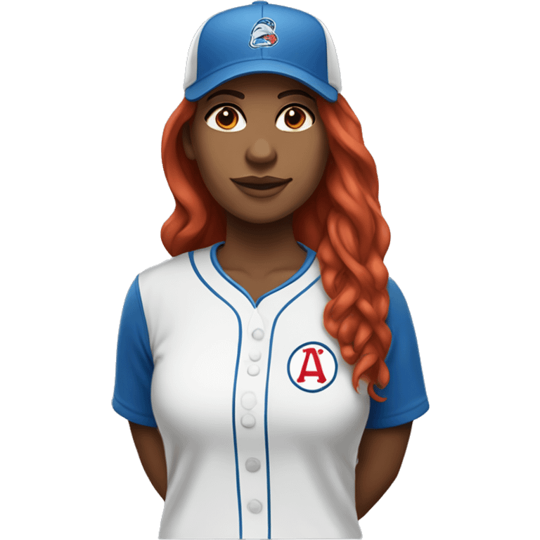 front facing standing up female coach with long red hair, wearing a white t-shirt and a simple baseball blue hat emoji