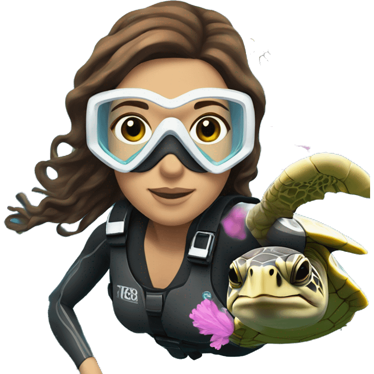 Woman Scuba diving underwater with a turtle, the woman should have brown wavy hair, brown eyes, white skin tone and pink mask / fins emoji