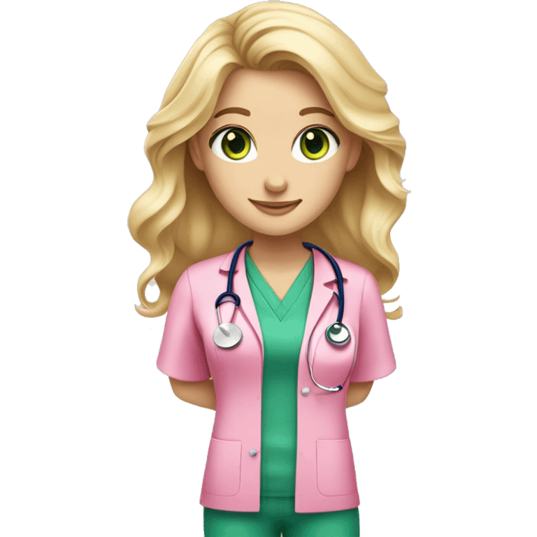 pale blonde girl with long wavy hair and green eyes wearing pink scrubs and stethoscope  emoji