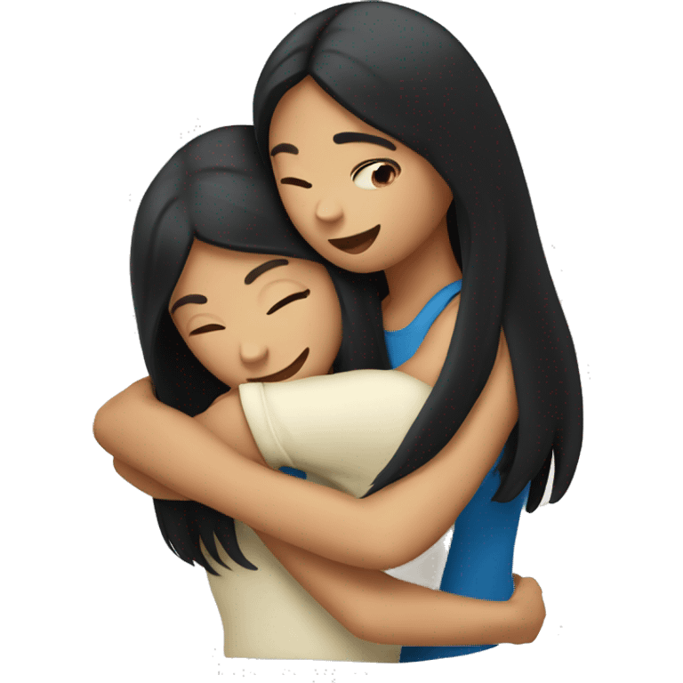 Two white girls with long black hair hugging. emoji