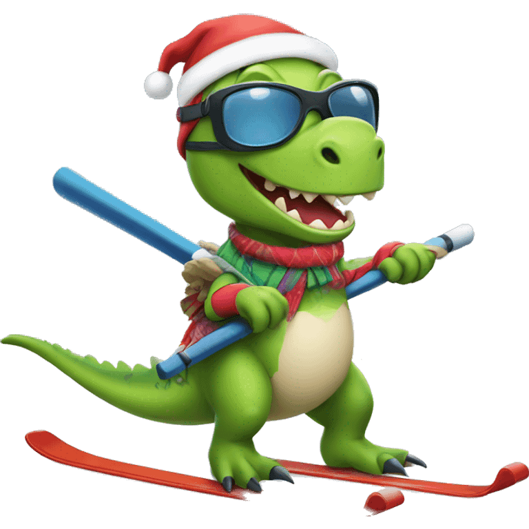 christmas dinosaur skiing while holding poles, cartoon, emoji emoji