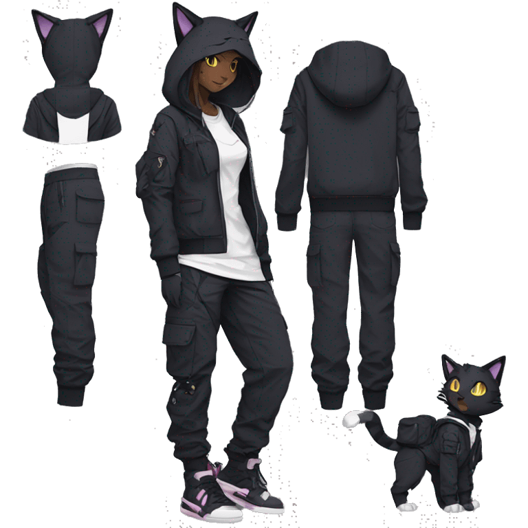 Edgy Anthro cool pretty anime dark cat-Pokémon-fursona techwear cargo pants hoodie emoji