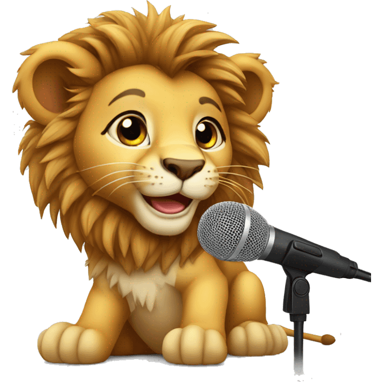 Baby lion in audio studio with microphone emoji