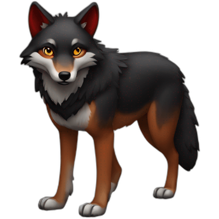 black and red wolf, bipedal, fullbody, standing on hind paws emoji