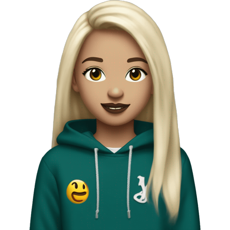 14 year old with long light blonde hair, middle part, chin length curtain bangs, smirking smile, dark teal eyes, long black eyelashes, wears a mulberry hoodie, black leggings, mulberry converse, black pearl earrings, wears a silver cancer sign necklace. emoji