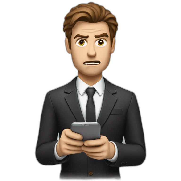 White man with brown hair in a suit writing messages on his cell phone with an angry face emoji