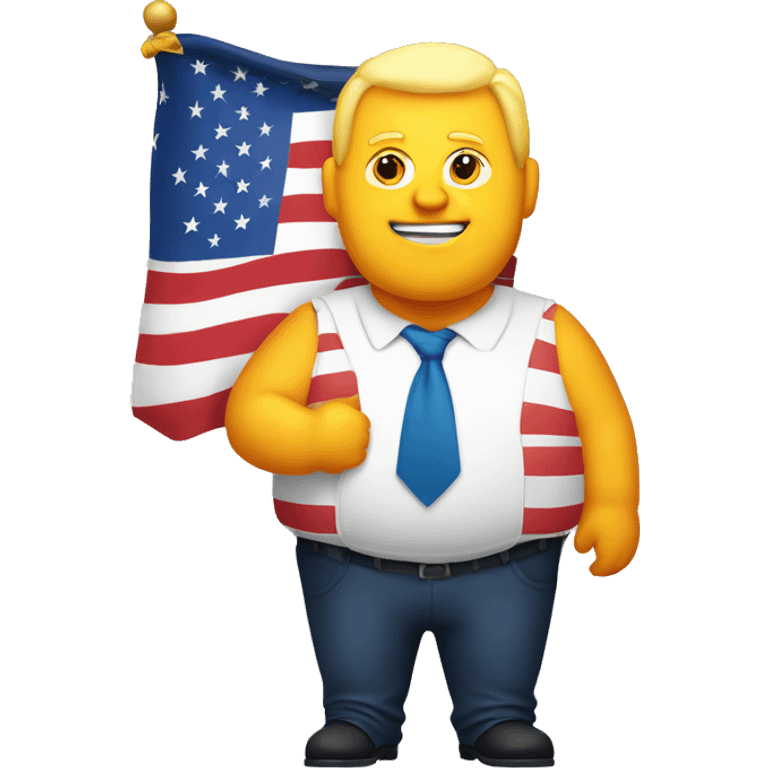 fat white man with an orange face and yellow hair holding the american flag emoji