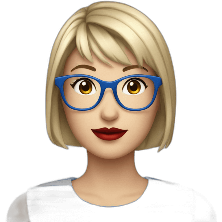 caucasian woman with square black glasses, straight bangs, red lipstick, blue and white striped t shirt emoji