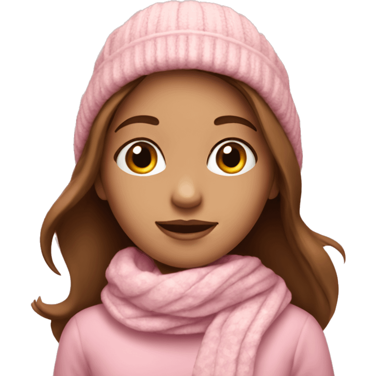 brown haired girl with a pink sweater,white hat and white-pink scarf emoji