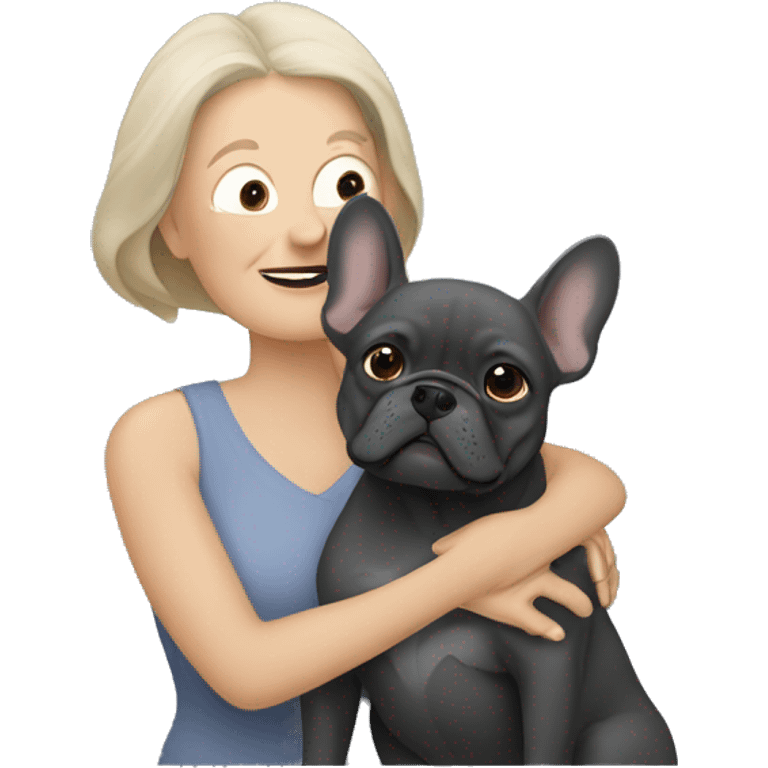 dark blonde older woman hugging dark gray french bulldog emoji