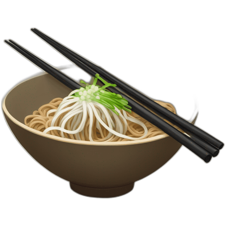 bowl of japanese buckwheat soba noodles with two chopsticks and spring onions emoji