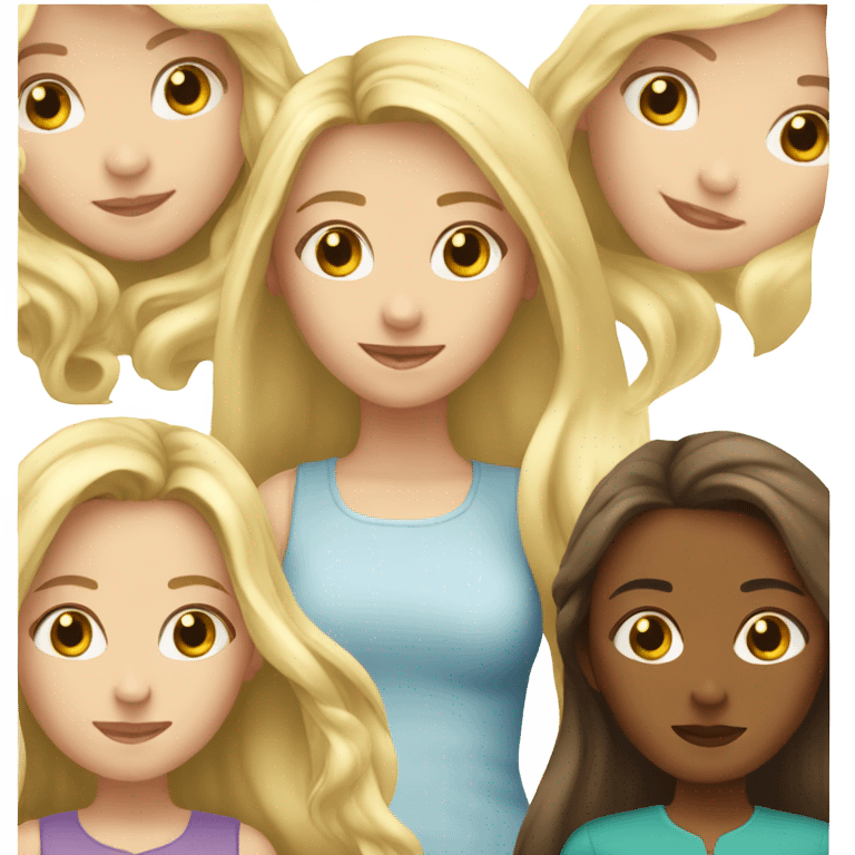 Three girls , one with long brown hair , one with long blonde hair and one with long blonde hair  emoji