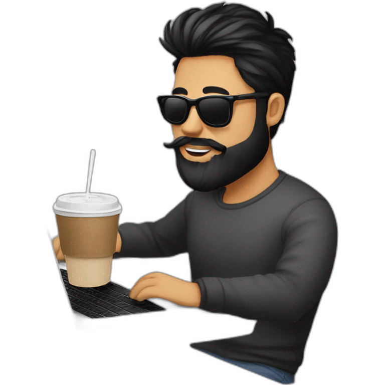 Designer with black hair, beard and round sunglasses working with MacBook and drinking cappuccino  emoji