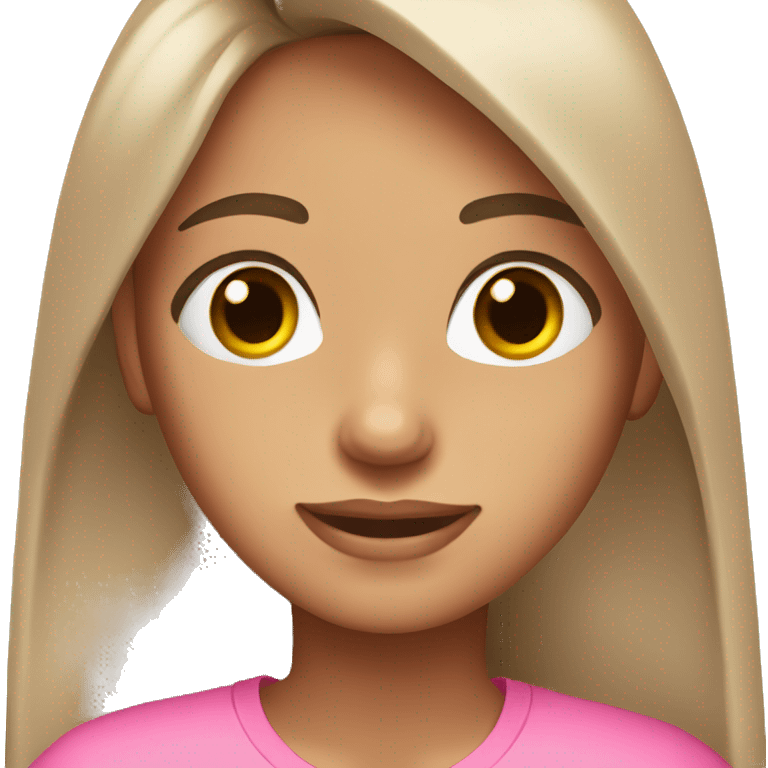 A girl with long brown hair, fair skin, brown eyes, wearing a pink T-shirt, with beautiful eyelashes emoji