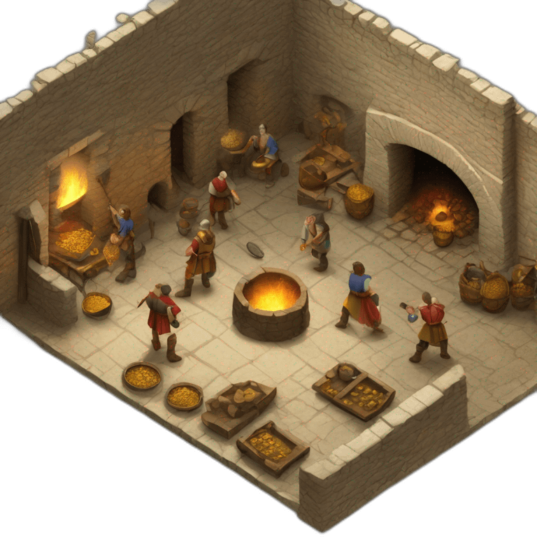 open floor plan of a medieval mint showing different people working, part of it is a furnace, part of it are people making gold coins emoji