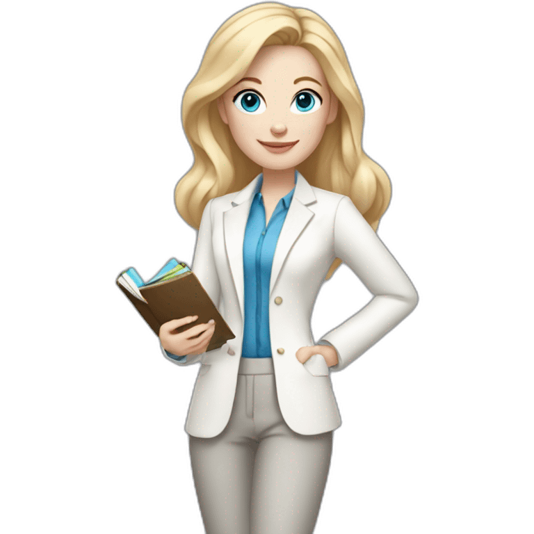 pale skin woman with blonde straight line Hair to shoulders, blue eyes, White classical jacket, Gray Palazzo pants holding a color palette in the hands emoji